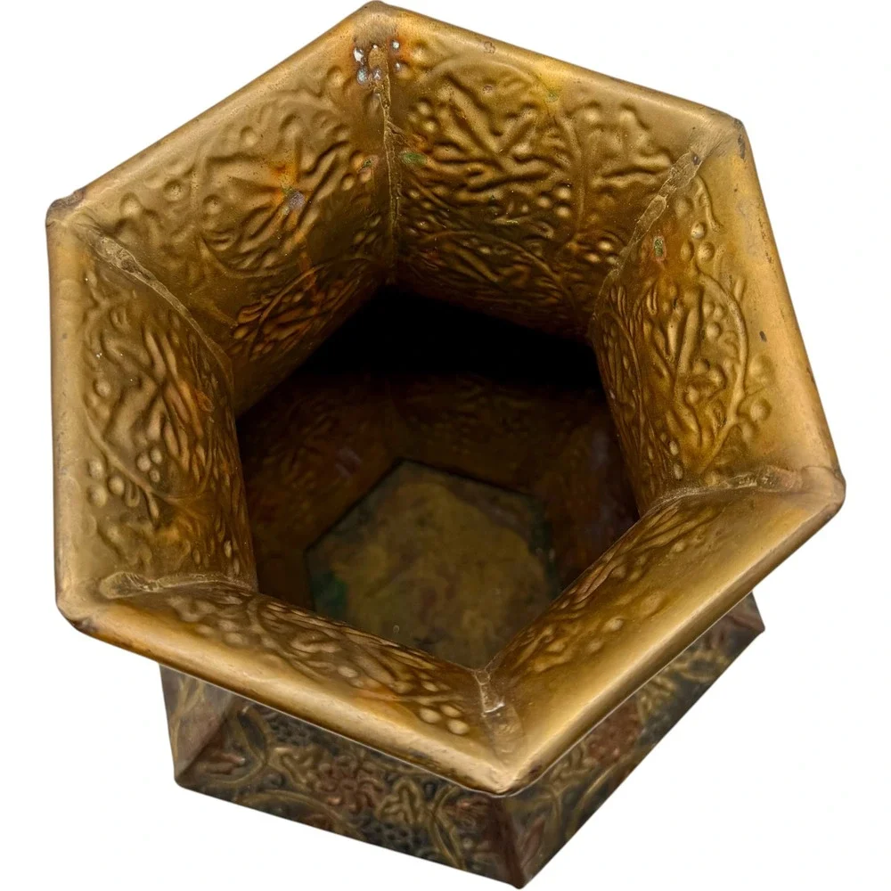Vintage Mixed Metal Hexagonal Vase Embossed Leaf Design Made in India Good